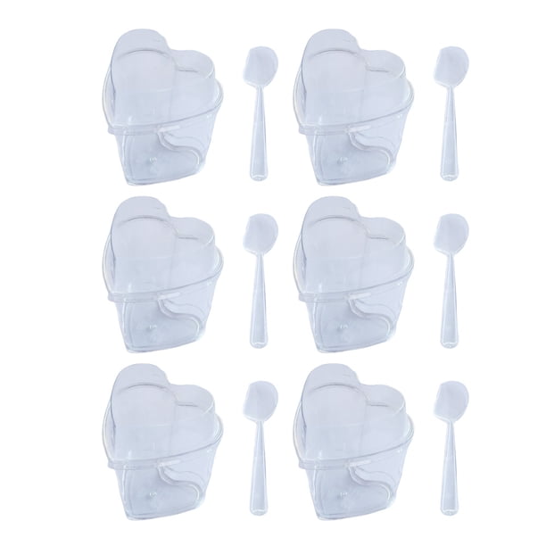 FELTECHELECTR 10 juegos de vasos transparentes de gelatina, pudín, mousse, postre, recipiente de plástico con forma de corazón (vaso, cuchara y tapa) de 150 ml.