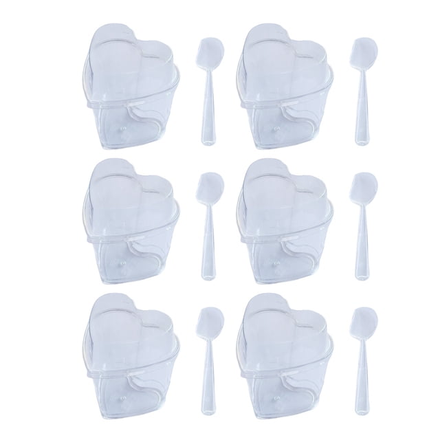 FELTECHELECTR 10 juegos de vasos transparentes de gelatina, pudín, mousse, postre, recipiente de plástico con forma de corazón (vaso, cuchara y tapa) de 150 ml.