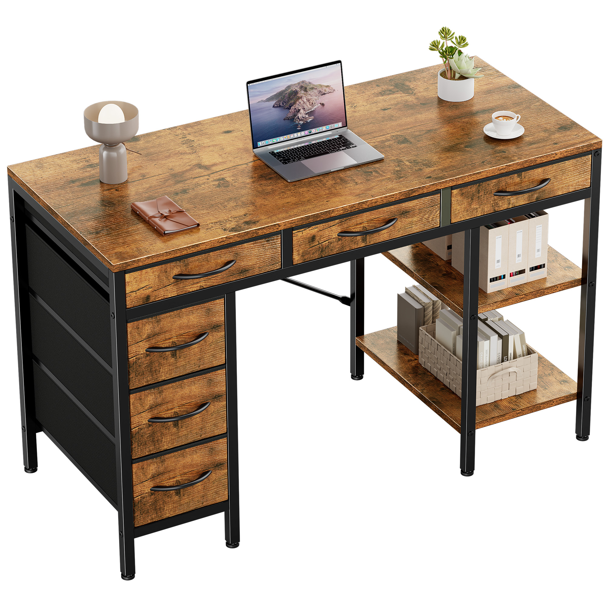 MCQ 47 Inch Computer Desk include 6 Drawers with 2 Empty Shelves, Rust