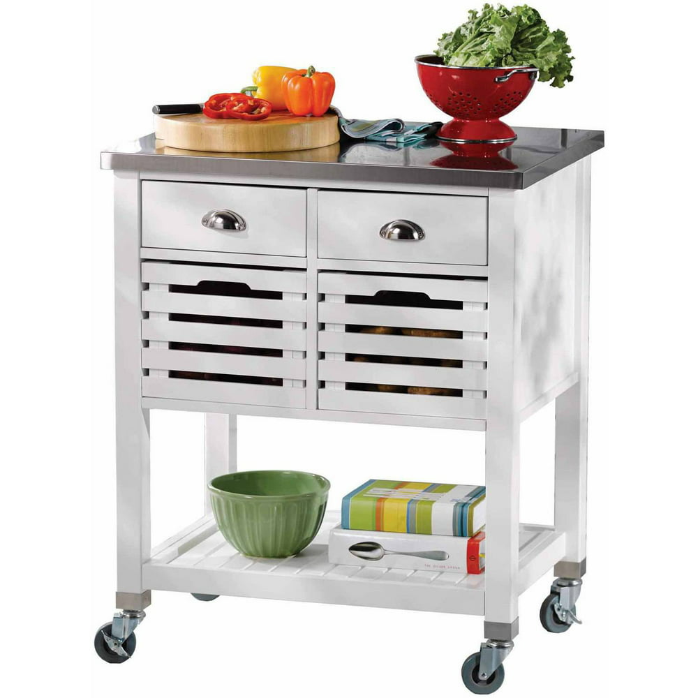 Linon Robbin Wood Kitchen Cart Island, 36" Tall, White Finish with White Kitchen Cart With Stainless Steel Top