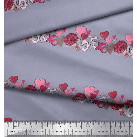 Soimoi Poly Georgette Fabric Flower Bunch,Text & Heart Decor Fabric Printed Yard 42 Inch Wide