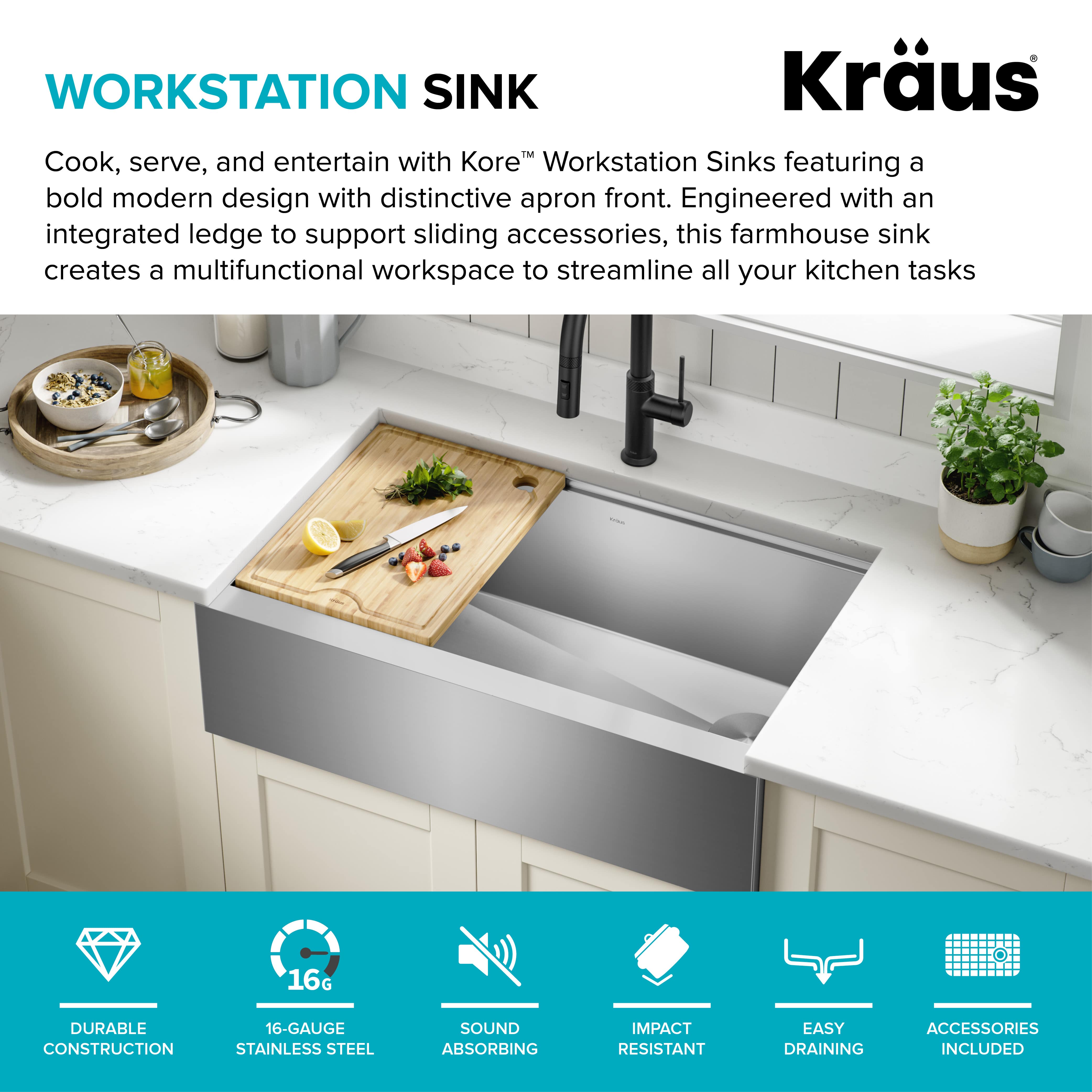 KRAUS Kore Workstation 33-inch Farmhouse Flat Apron Front 16 Gauge Single Bowl Stainless Steel Kitchen Sink with Accessories (Pack of 5) - image 4 of 16