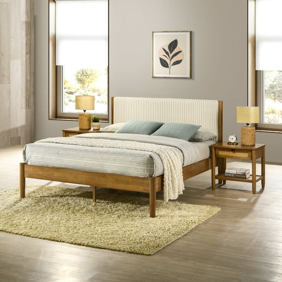 Roundhill Furniture Vichy 3-Piece Rubberwood Bedroom Set with Corduroy Upholstered Queen Bed and 2 Nightstands