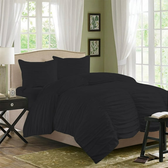 100% Egyptian Cotton 3 Pcs Gathered Duvet Set Solid (Dark Gray,King / California King)