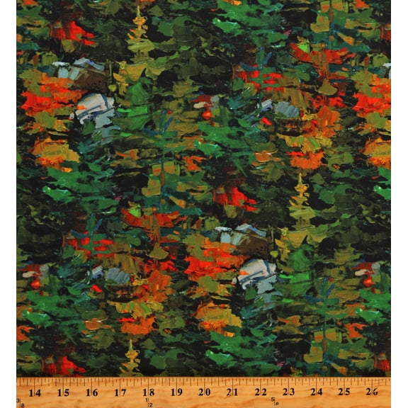 Cotton Silent Lake Painted-Look Evergreen Trees Dark Green Multi Cotton Fabric Print by the Yard (DP27253-76)