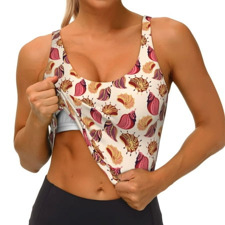 Qokaie Sea Shells Pattern Womens Scoop Neck Sports Bra Breathable Workout Vest Padded U Back Medium Impact Fitness Gym Yoga Bra Workout Crop Top