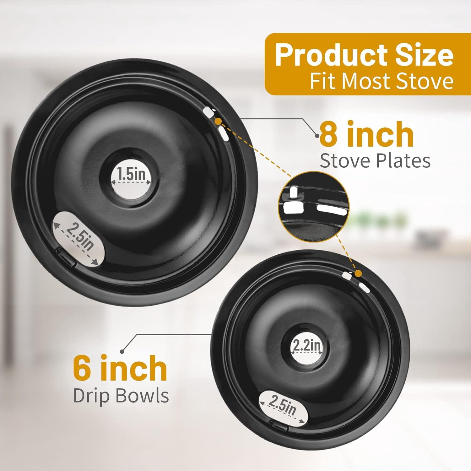 4 Pack Black Drip Pans, Compatible with Whirpool Kenmore Frigirate Stove Top Drip Bowls. Include 2 Pcs 6'' Range Replacement Drip Pans and 2 Pcs 8 '' Cooktop Drip Pans