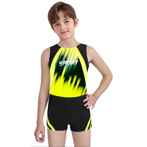 Kaerm Kids Boy Sleeveless Print Jumpsuit with Shorts Set Gymnastic Leotard Training Activewear Fluorescent Yellow 6
