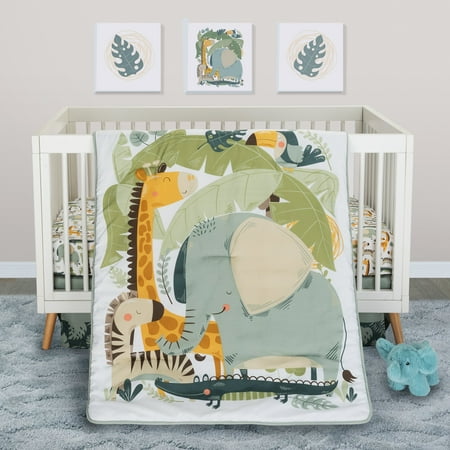 UPC: 0846216062971 | Sammy & Lou Jungle Escape 4 Piece Crib Bedding Set Features Colors of Green  Yellow  Blue  Gray  Brown and White. Quilt Is 100% Polyester Fill
