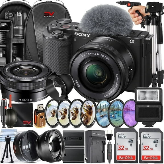 Sony ZV-E10 Mirrorless Camera with 16-50mm Lens   2 Pack 32GB Memory Card   Backpack   Filter Kit   Full Size Tripod   SV Premium Accessory Bundle (International Version)