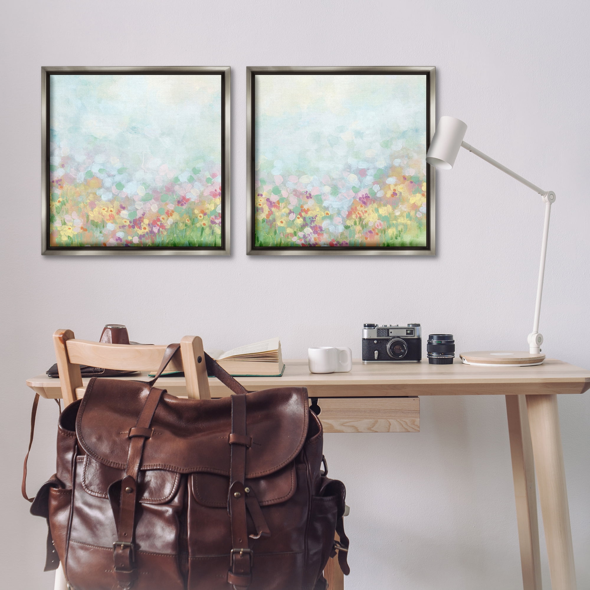 Stupell Industries Pastel Spring Flower Field Abstract Painting Gray Floater Framed Canvas Art Print Wall Art, 25 x 25, Set of 2