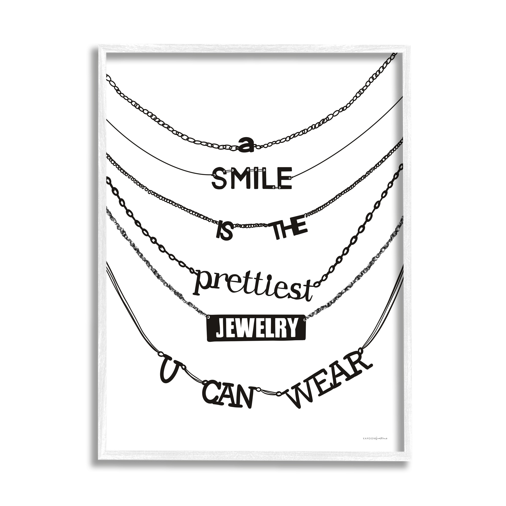 Stupell Industries Smile Glam Quote Chic Necklace Varied Text Design Graphic Art White Framed Art Print Wall Art, Design by Kamdon Kreations