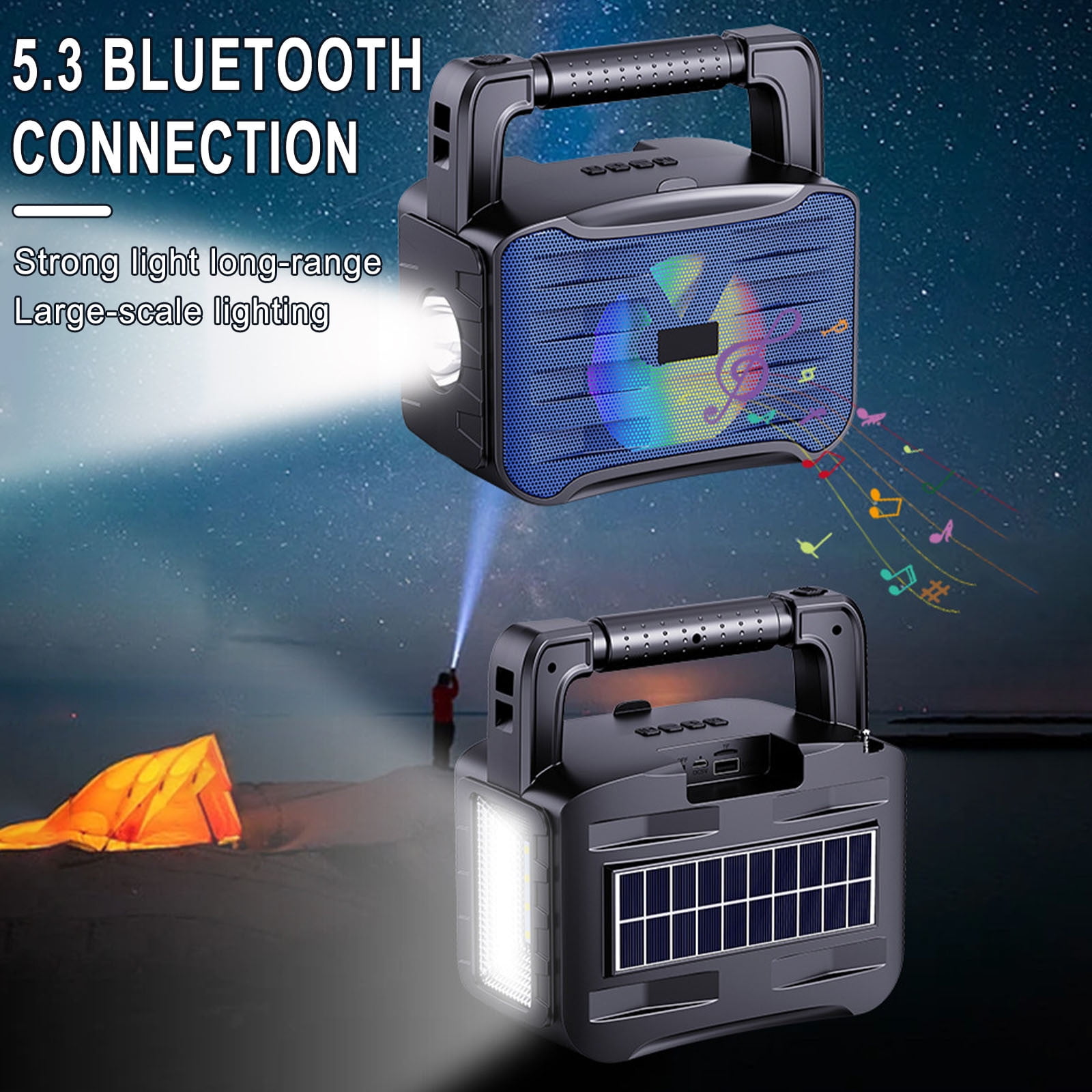 Flashlights For Emergencies,LED Flashlight Rechargeable,Flashlights,Solar Bluetooth 5.3 Speaker With Flashlight,8W 1200mAh Portable Radio Camping Light 5V Output For Outdoor,Emergency.(B)