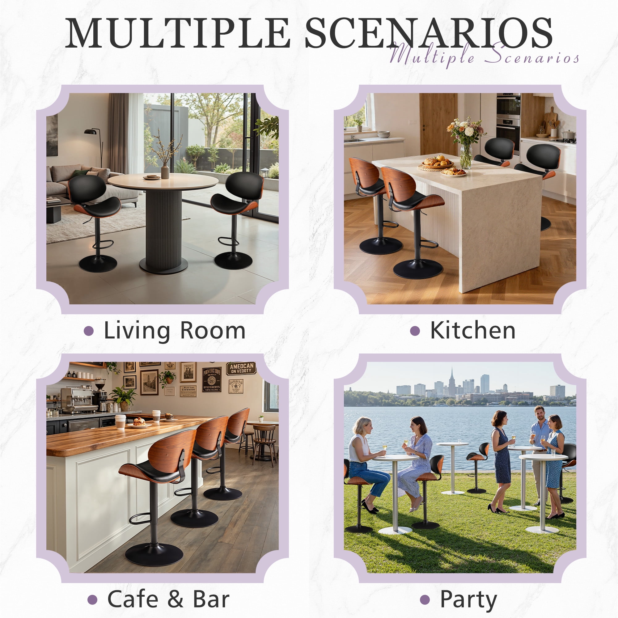 Homall Bar Stools Set of 2 Swivel Counter Height Bar Chairs Upholstered Bentwood Barstools with Back and Footrest for Kitchen, Coffee Bar, Black