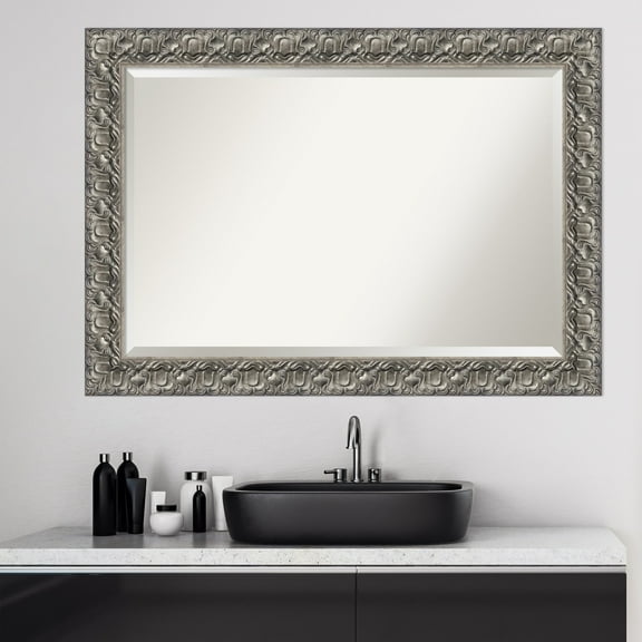 Amanti Art Beveled Wood Bathroom Wall Mirror - Silver Luxor Frame - Outer Size: 42 x 30 in