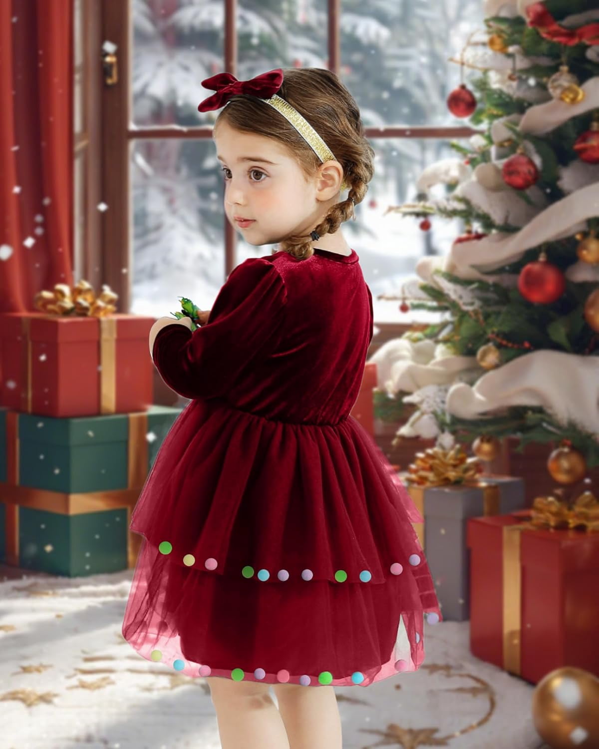 SANMIO Baby Girl Christmas Dress Infant Long Sleeve Holiday Outfit Fall Winter Tulle Velvet Dresses with Headband 3M-3T