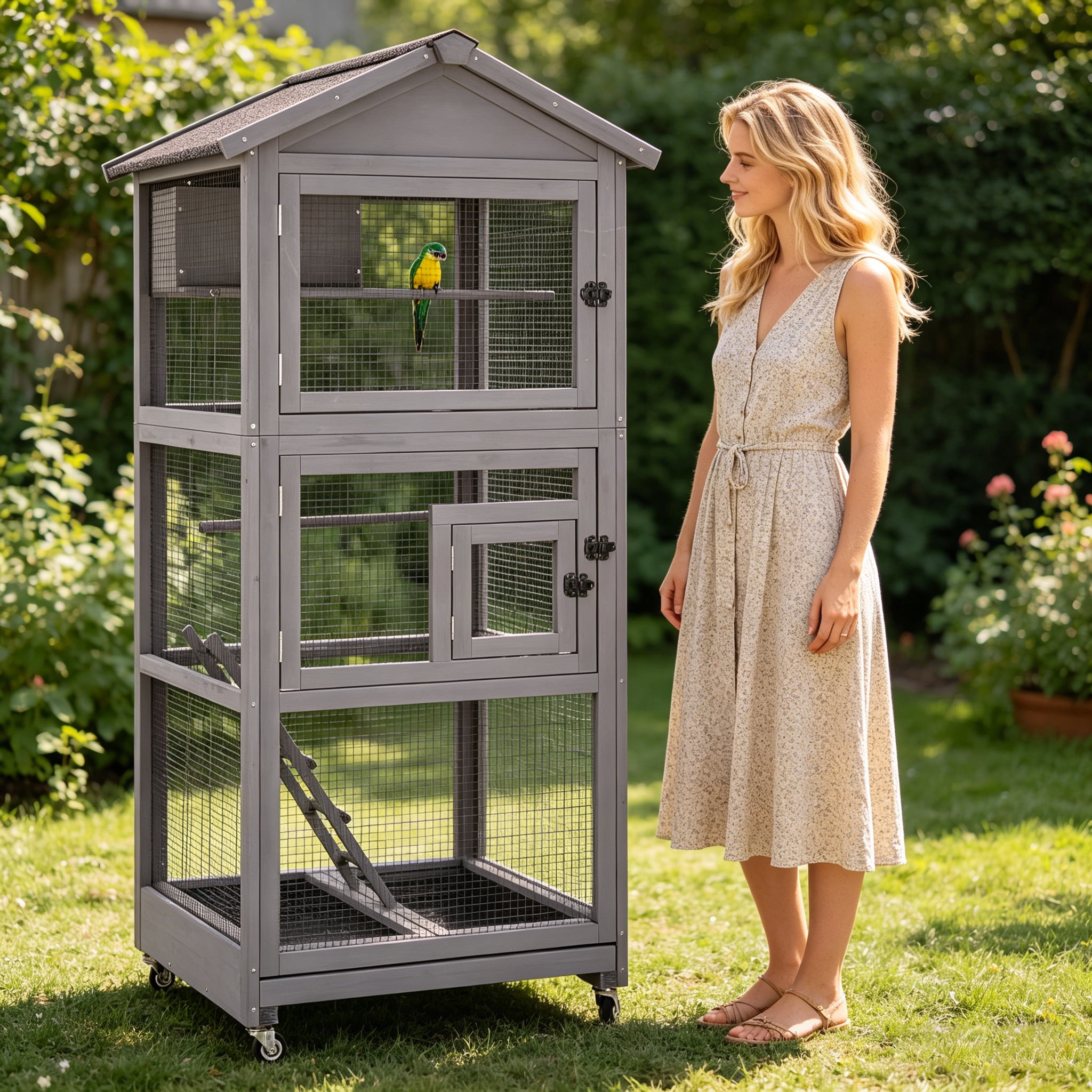 Aivituvin Large Bird Cage Outdoor Wooden Aviary Indoor on Wheels, with Play Stand, Perches, Nest Habitat & Wire Mesh Tray for Easy Cleaning