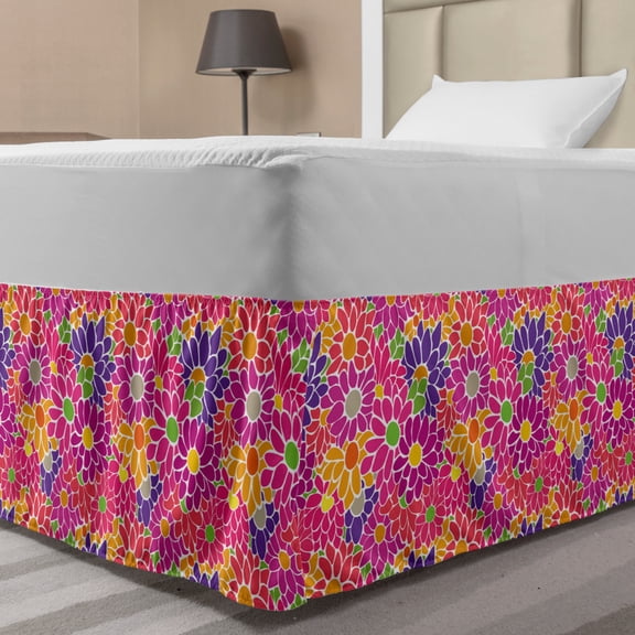 Floral Bed Skirt, Rhythmic 90's Style Simplistic Retro Flair Drawn Colorful Arrangement, Elastic Bedskirt Dust Ruffle Wrap Around for Bedding Decor, 4 Sizes, Hot Pink and Multicolor, by Ambesonne
