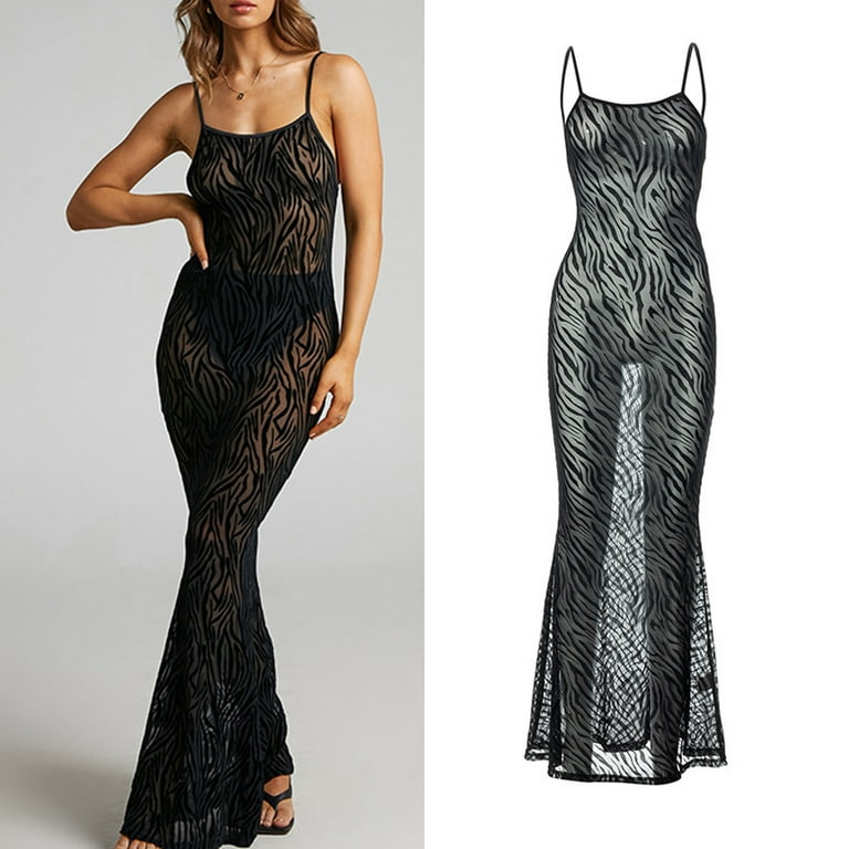 【HIGH SCHOOL DISCO】Check Graphic Mesh Long Dress ZPAQI Zebra Print Dress Long Dresses Club Sheer Mesh Straps