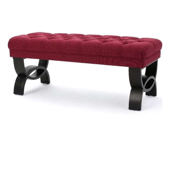 Benjara Riam Ottoman Bench- 41 Inch- Button Tufted- Rounded Wood Legs- Red