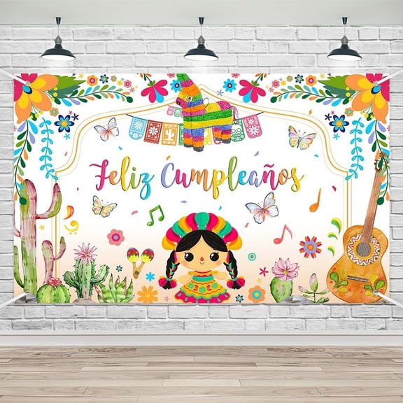 5.9x3.6FT Feliz Cumpleaños Backdrop Mexican Spanish Birthday Background for Girls Cactus and Guitar Fiesta Birthday Party Decorations Banner Supplies Photo Booth Props