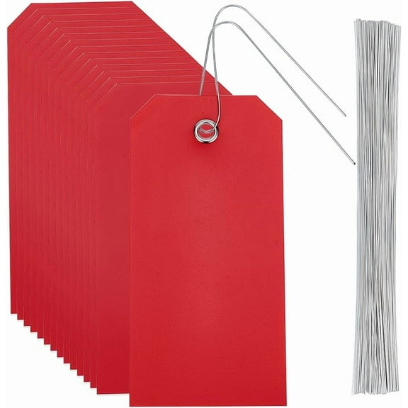 100Pcs 4.7 x 2.4 Inch Blank Red Tags Waterproof Shipping Tags Hang Eyelet Rectangle Plastic PVC Name Identification Iron Wire Labeling Kit for Hanging Name Card Handbag Luggage Gifts for DIY