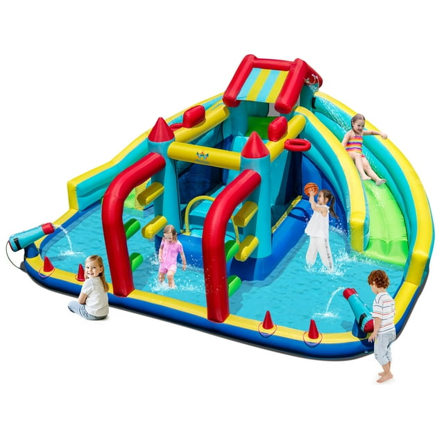 Costway Inflatable Water Park with Climbing Wall Splash Pool Water Cannons Blower Excluded