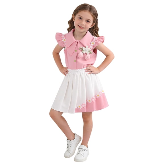 BLVB Girl's Skirt Sets 2 Piece Outfit Spring Summer Clothes Collared Blouse Tops Ruffle Pleated Skirts 2-9Y