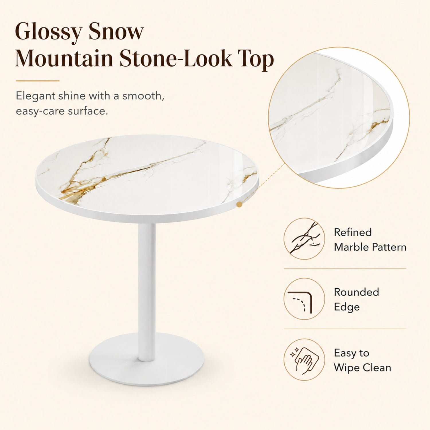 Miniyam 31.5 in. Round Tulip Dining Table for 2-4, Glossy Stone-Look Pedestal Table for Kitchen or Small Spaces, White