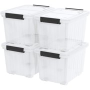 4 Packs 30 L Plastic Latch Storage Box, Clear Bin with Lid and Wheels
