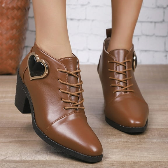 Roncen Women's Winter Casual Ankle Boots - Vintage Lace-Up Pointed Toe with Heart Accents Chunky High Heel Solid Color Professional Shoes