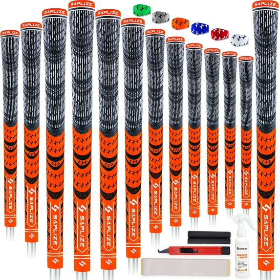 SAPLIZE Multi Compound Golf Grips, 13 Piece with Complete Regripping Kit, Midsize, Hybrid Golf Club Grips, Fluorescent Orange CL03S Series