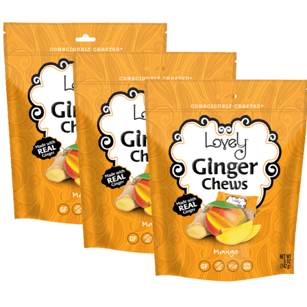 Lovely Candy Co. Mango Ginger Chews, Made with Real Ginger, Individually Wrapped Ginger Candy, 5 Ounce (Pack of 3) | Gluten-Free, Non-GMO, NO Artificial Ingredients, NO High Fructose Corn Syrup