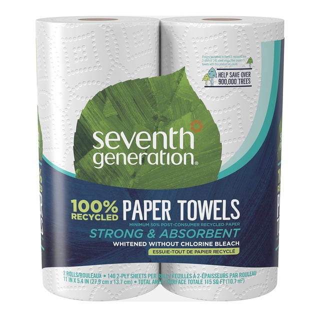Toallas De Papel De Séptima Generación 100 % Papel Reciclado, 2 Capas, 2 Rollos (El Embalaje Puede Variar)