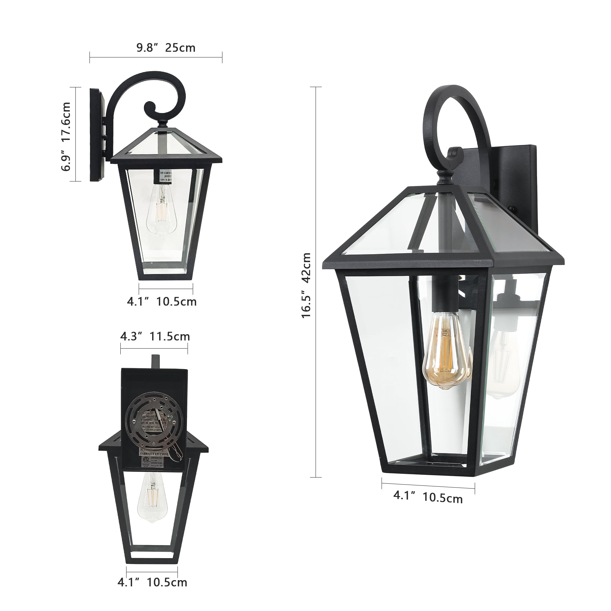 Outdoor Wall Lanterns Set of 2 10 Inch, Black Finish Weatherproof Wall Sconce with Clear Glass for Porch, Black