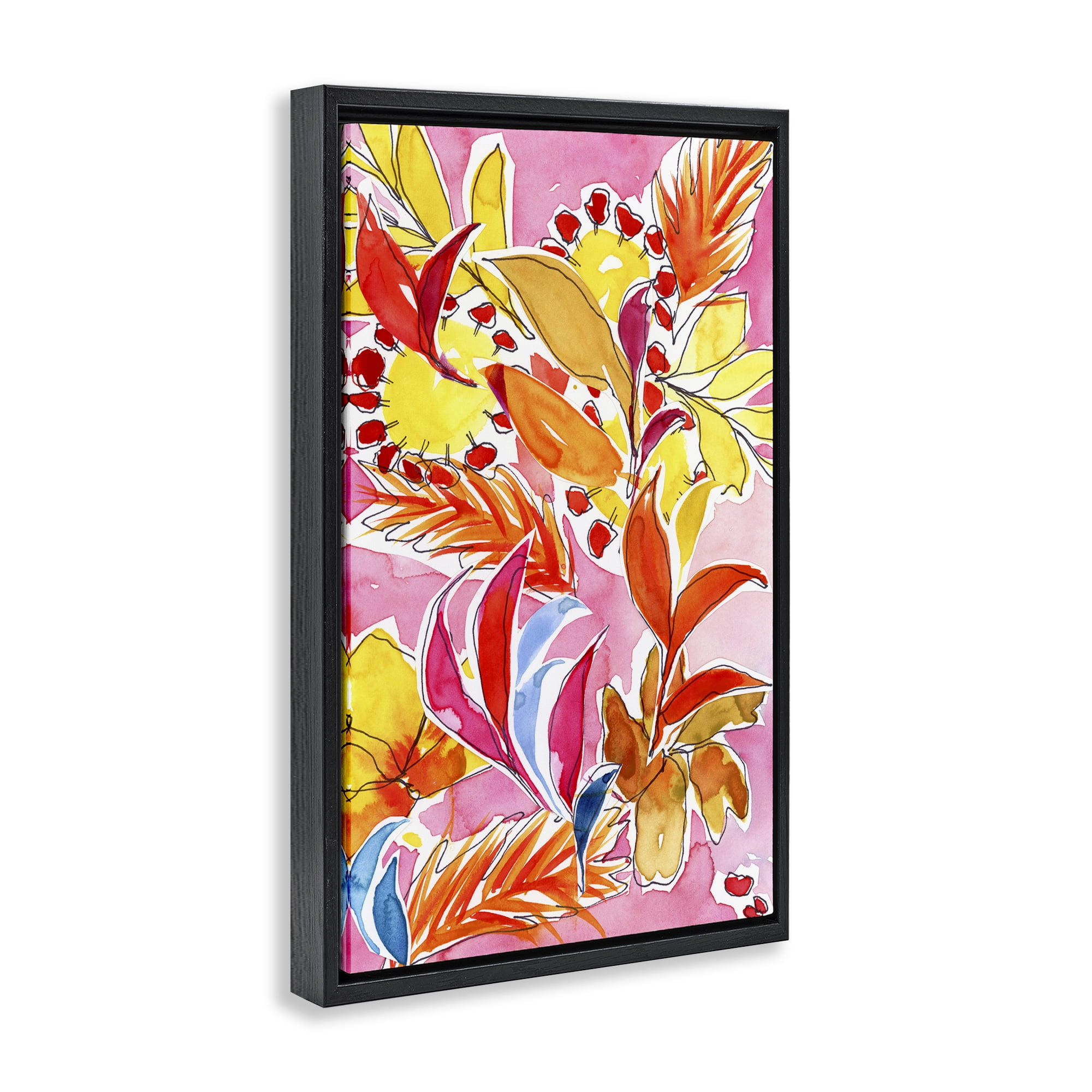 Stupell Industries Orange Botanicals on Pink Plants & Flowers Painting Black Floater Framed Canvas Art Print Wall Art, 21 x 31