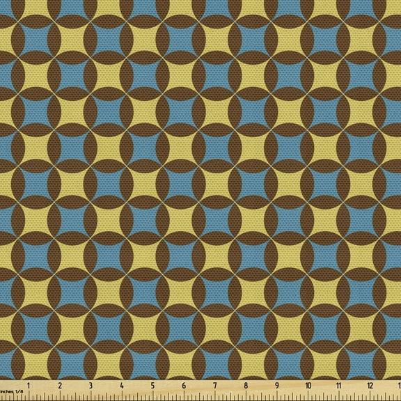 Ambesonne Retro Fabric by the Yard Upholstery, Geometric Tile 70s Style, 1 Yard, Brown Blue and Yellow