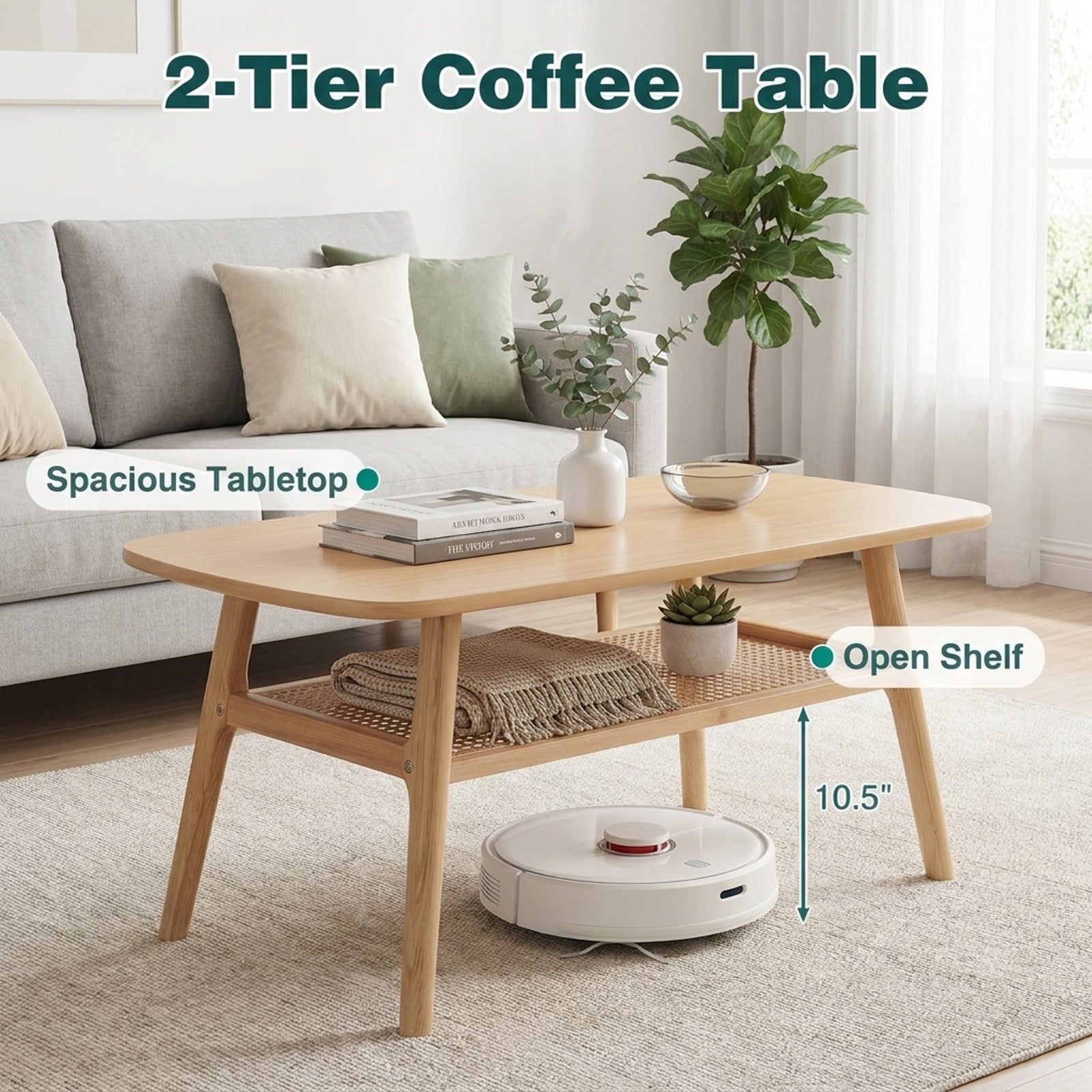 Furnibear 2 Tier Boho Rattan Coffee Table with Rounded Corners Rubber Wood Frame and Woven Open Shelf for Living Room, Natural