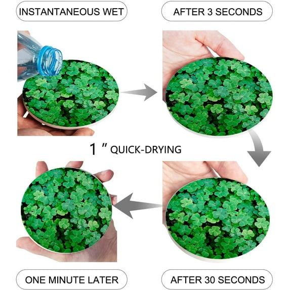 FMSHPON Happy St. Patrick's Day Clover Set of 8 Round Coaster for Drinks, Absorbent Ceramic Stone Coasters Cup Mat with Cork Base for Home Kitchen Room Coffee Table Bar Decor