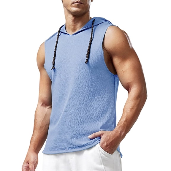Kalauyu Sleeveless Hooded Tank Tops for Men Round Neck Drawstring Hood Casual Loose Tunic Tees Outdoor Gym Workout Shirts