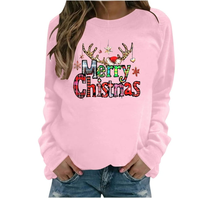 lcziwo Chandail pour Femmes Oversize de Noël Tendance à Col Rond Chandail Graphique de Noël Automne Hiver Coupe Ample Chandail Doux et Confortable Chandails Rose, TG
