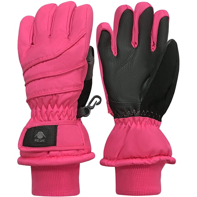 Kids Bulky Waterproof Winter Snow Ski Glove with Ridges (Neon Pink, 3-4 Years)