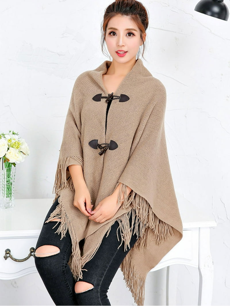 Ferand Women's Cable Knit Poncho Sweater - Hooded Pullover With Decorative Buttons