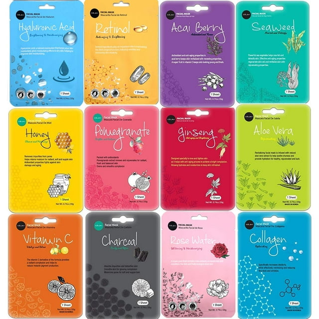 celavi Juego de mascarillas faciales Esencia de belleza coreana Mascarilla en hoja de papel Corea Cuidado de la piel Hidratante 12 nuevos sabores K-Beauty Skincare 12 mascarillas en un paquete Hecho e