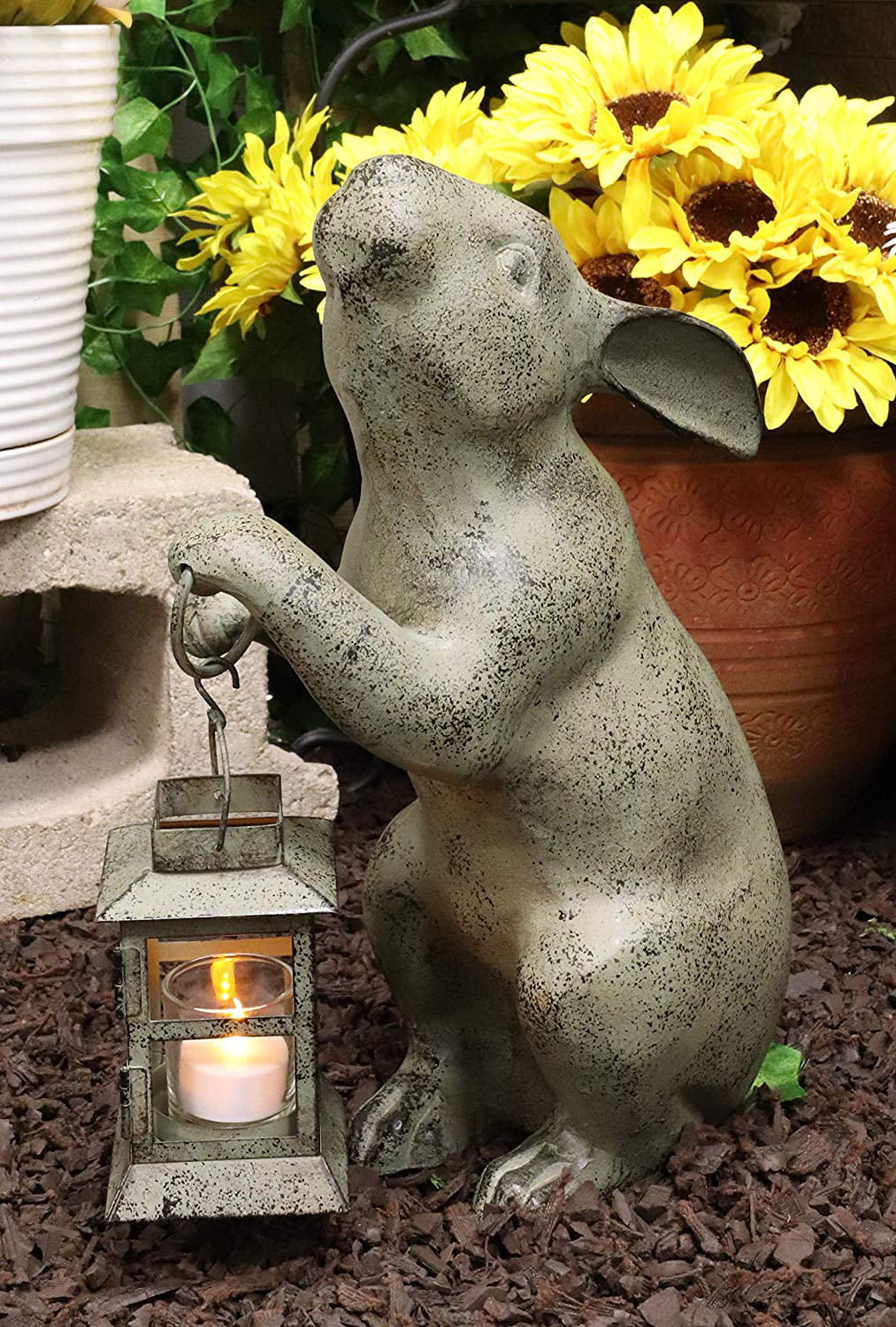Ebros Verdi Green Bunny Rabbit Holding Rustic Lantern Votive Candle