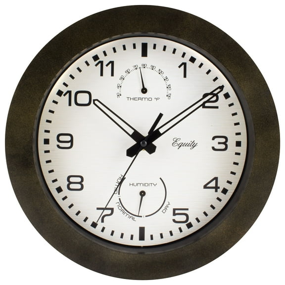 Equity by La Crosse 29005 10" Indoor/Outdoor Analog Quartz Temp and Humidity Wall Clock, Brown