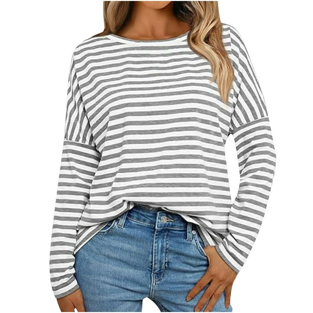 MeetoTime T-Shirt Rayé Décontracté pour Femmes Automne Tendance Col Rond Manches Longues