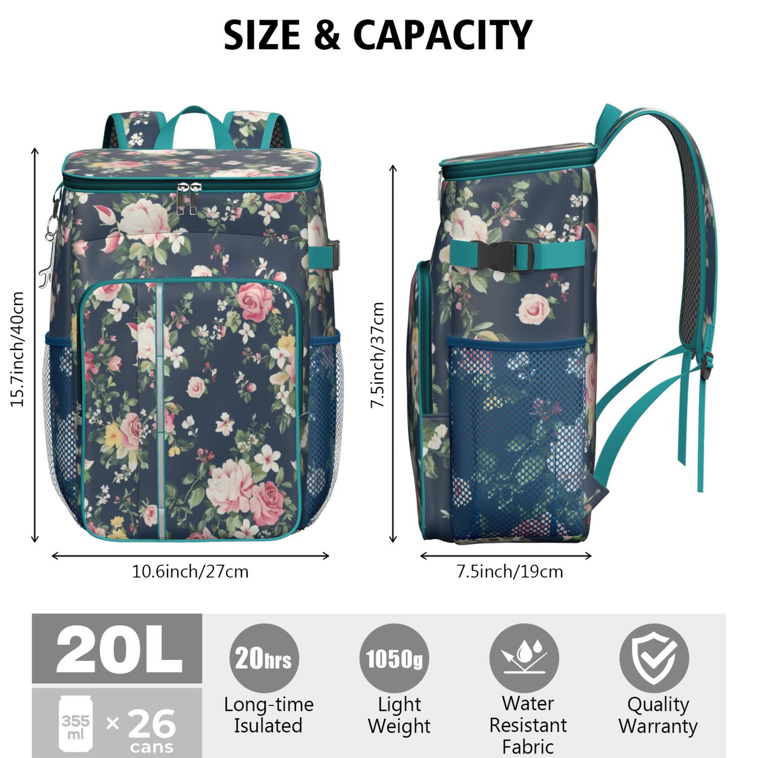 Travel Cooler Bag - Pioneer Flower Floral Print Pattern Camping Beer Cooler Backpack with Bottle Opener- Waterproof Insulated Picnic Backpacks - Cooler Bag for Beach