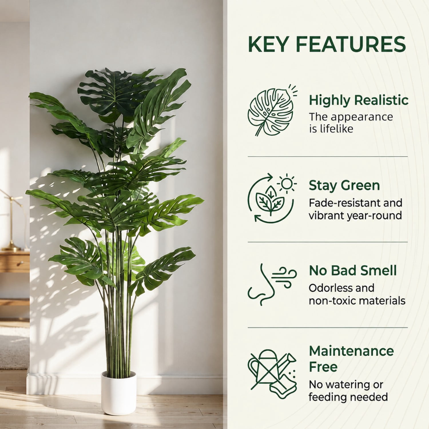 BEAUTYPEAK 5.3FT Artificial Plant Fake Indoor Monstera Plant Decorative Outdoor Greenery in White Pot