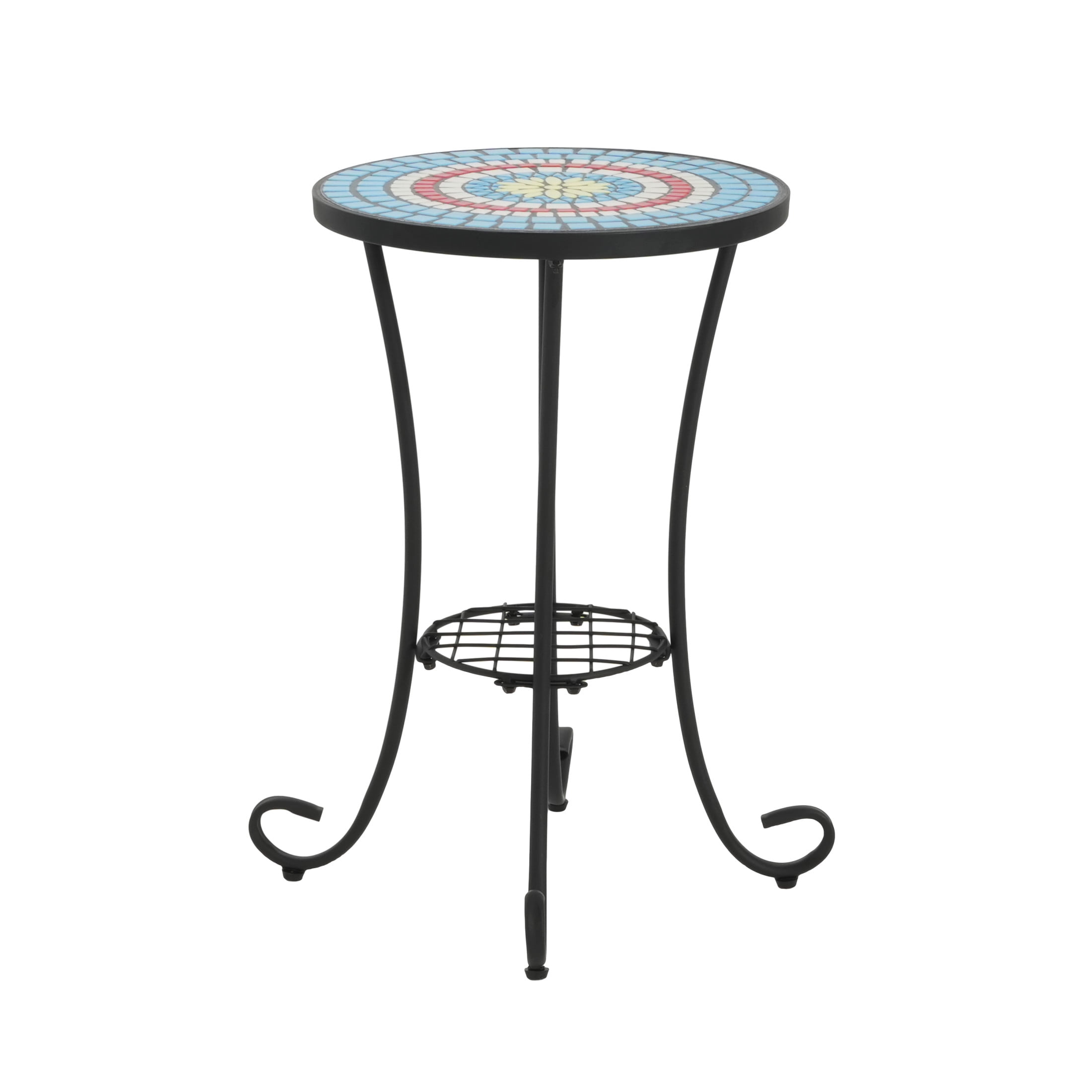 Trulisa Outdoor Patio Round Side Table with Shelf, Ceramic Tile, Iron, Black + Colorful